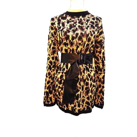 VINTAGE holiday Christmas GOLD SPARKLE GLITTER spotted LEOPARD long SWEATER sz M - Picture 1 of 7